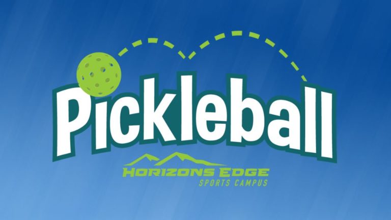 Pickleball Tournament at Horizons Edge Sports Campus. Blue background with green graphics and bold white text with a teal text border outline.